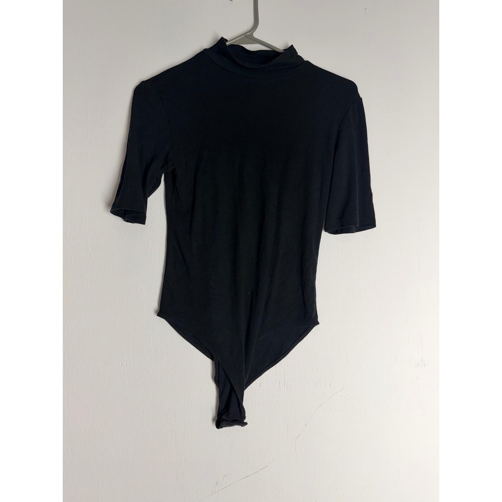 Mangopop Black Mock Neck Short Sleeve Bodystuit Medium Minimalist Stretch Top